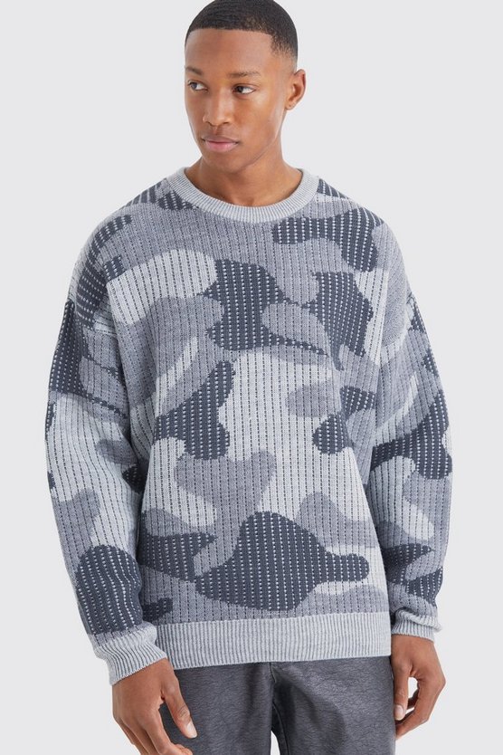 Gerippter Oversize Camouflage-Strickpullover