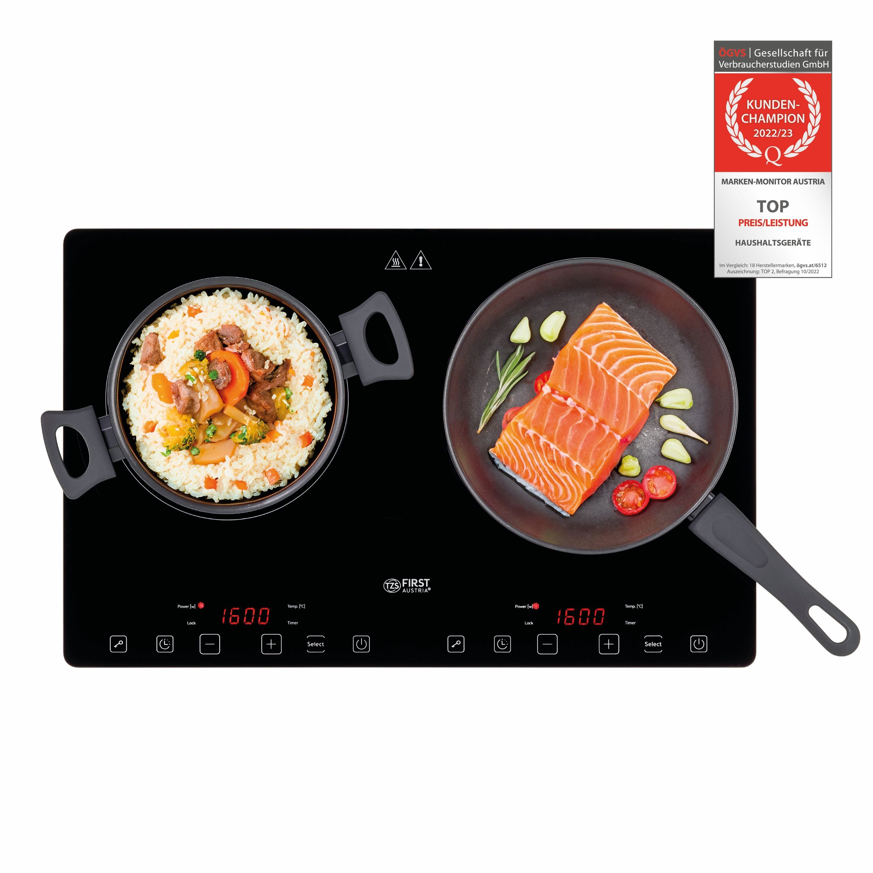 TZS FIRST AUSTRIA Doppelkochplatte Induktionskochplatte doppelt, 3400W, Slim-Design, Timer, Mobil, Induktion Kochplatte, 3400W, Keramik, Infrarot, Temperaturregelung