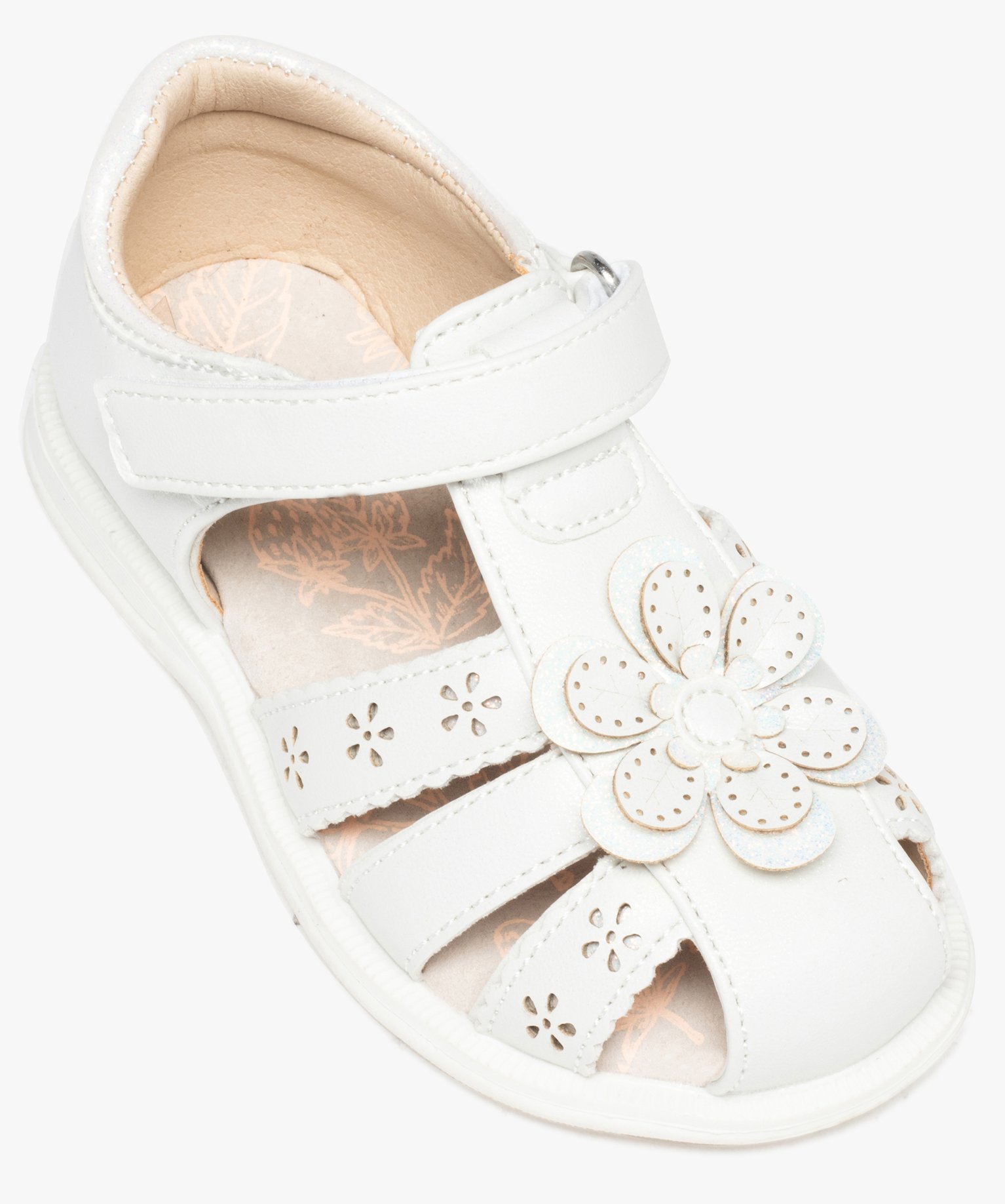 Sandales bébé fille à brides ajourées et fleur en relief blanc | GEMO
