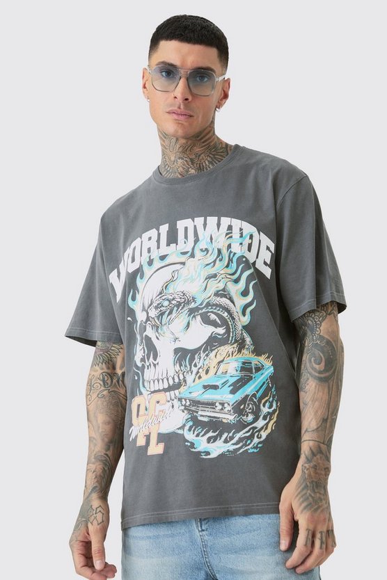 Tall T-Shirt mit Worldwide Gothic Print und Acid Waschung