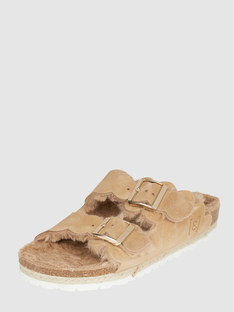 Sandalen aus Leder mit Kunstfell in cognac