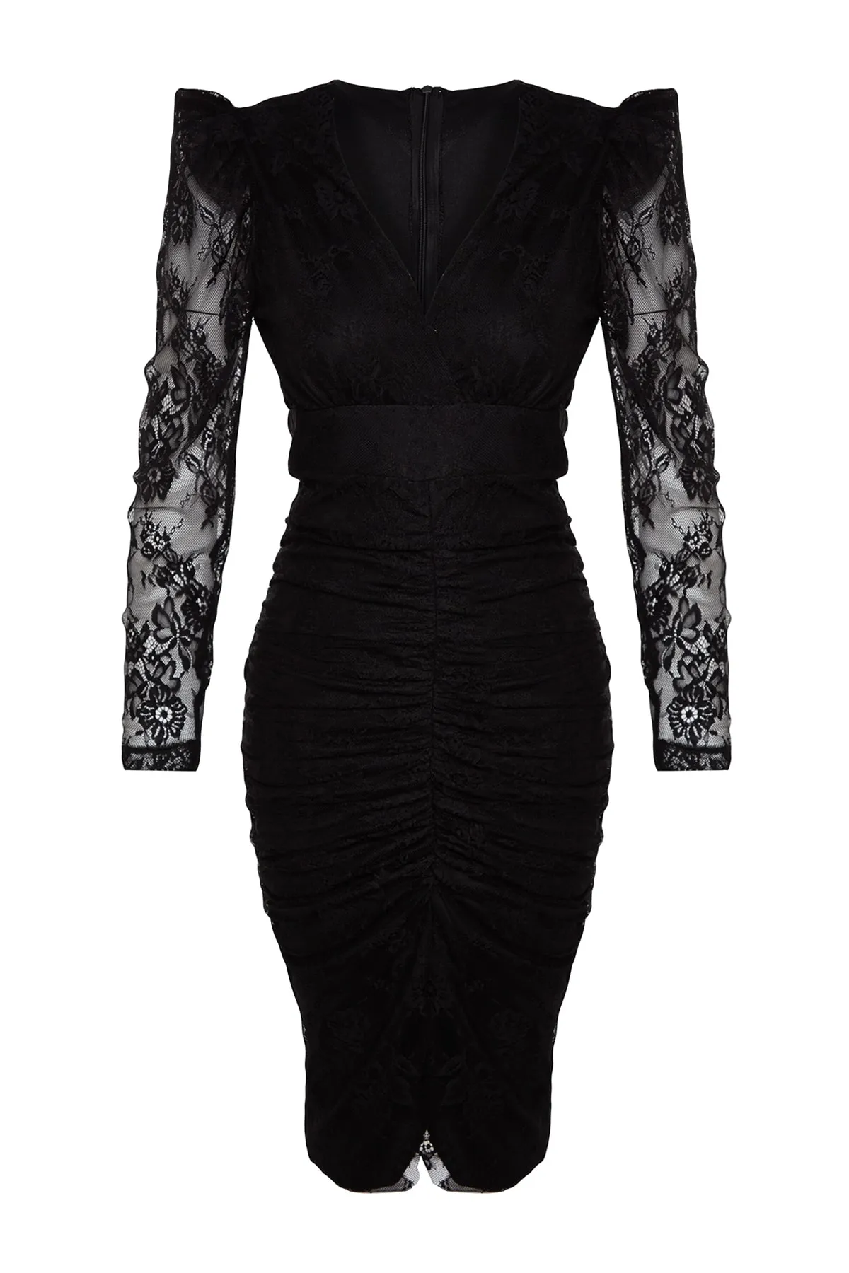 Trendyol Collection  Schwarzes, figurbetontes, gefüttertes, drapiertes Spitzen-Elegantes Abendkleid TPRAW24EL00019