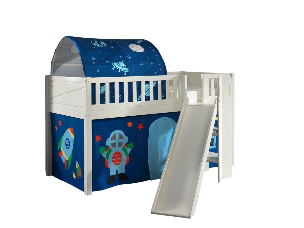 VIPACK Spielbett SCOTT, LF 90 x 200 cm, mit Rolllattenrost, Rutsche, Leiter und Textilset Vorhang und Tunnel 