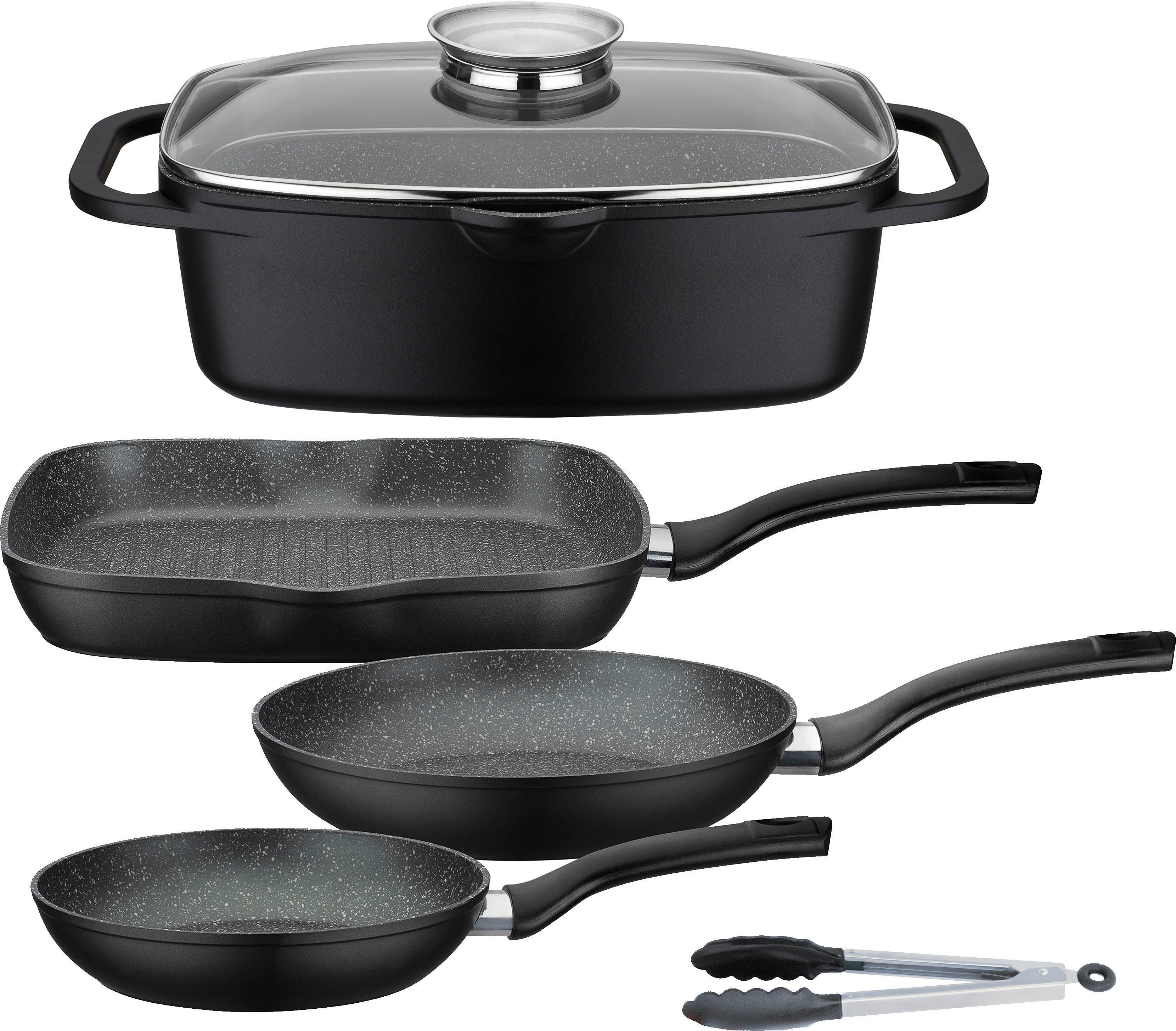 GSW Topf-Set Gourmet Granit, Aluminiumguss (Set, 5-tlg., 3 Pfannen, 1 Bräter, 1 Kochzange), Induktion