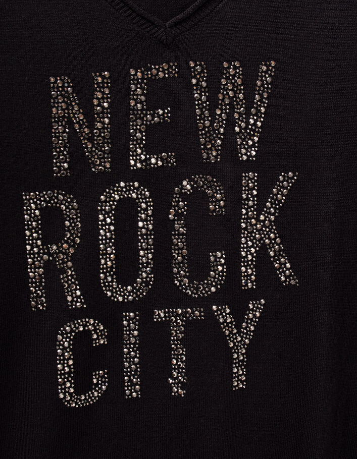 Pull noir tricot message strass Femme