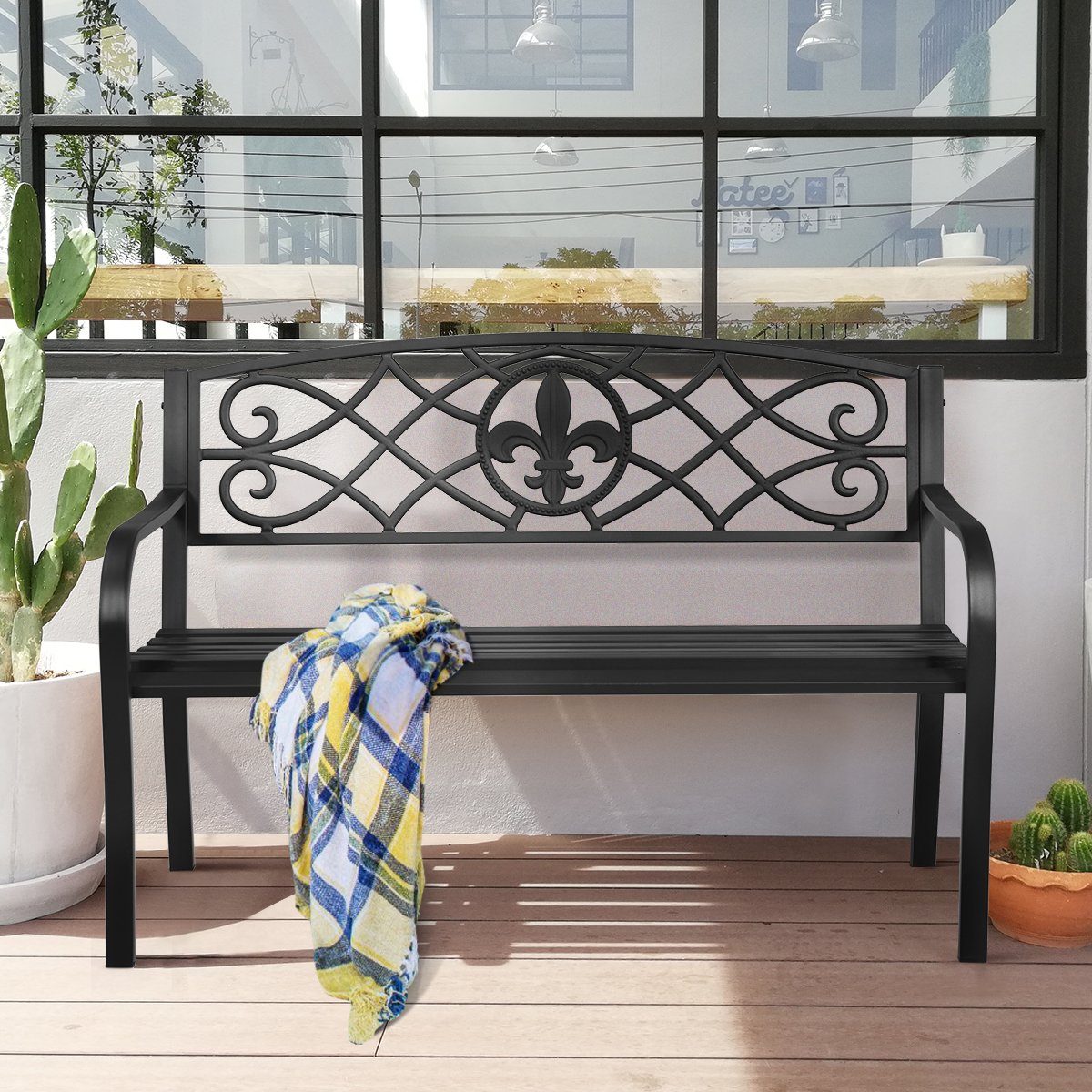 COSTWAY Gartenbank, mit Rückenlehne & Armlehne, Metall, 2-3 Personen, 128cm