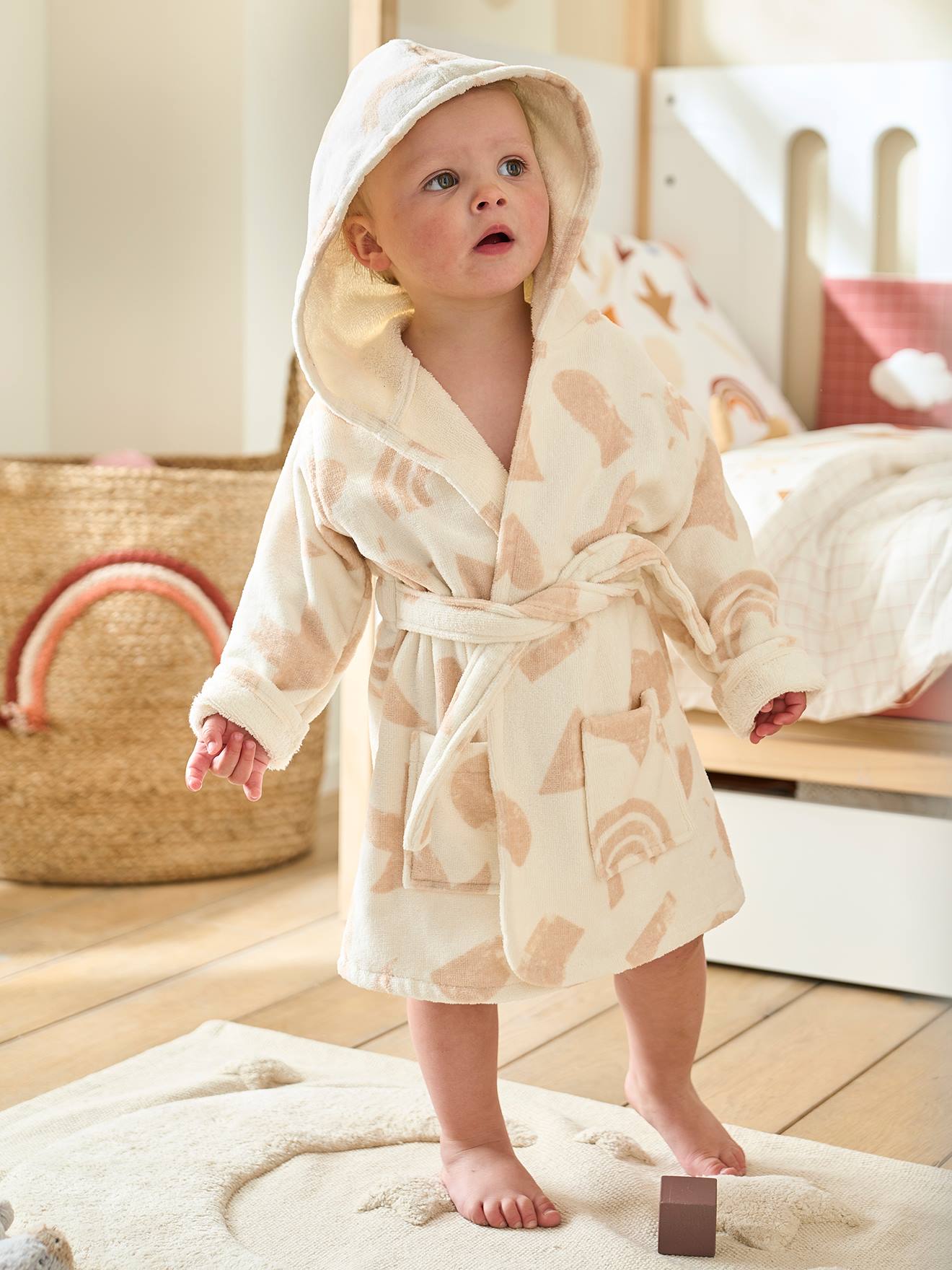Peignoir de bain bébé en coton bio* personnalisable HAPPY SKY beige imprimé