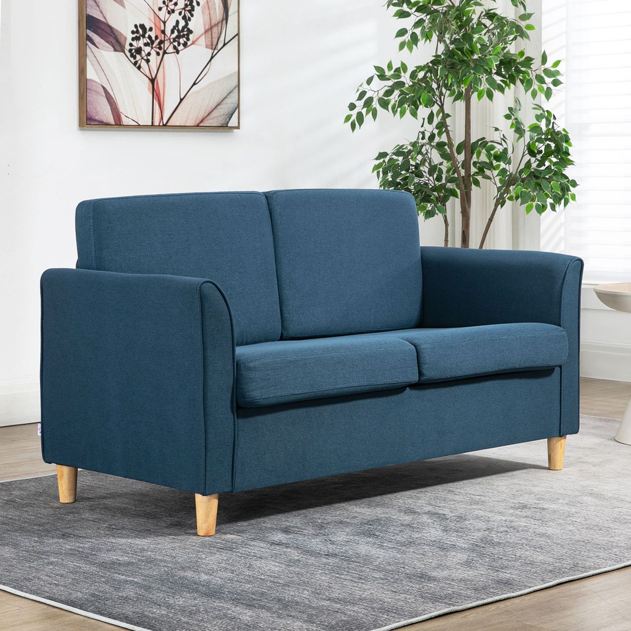 HOMCOM 2 Sitzer Sofa, Gepolsterter Couch mit Leinenoptik für Wohnzimmer Blau