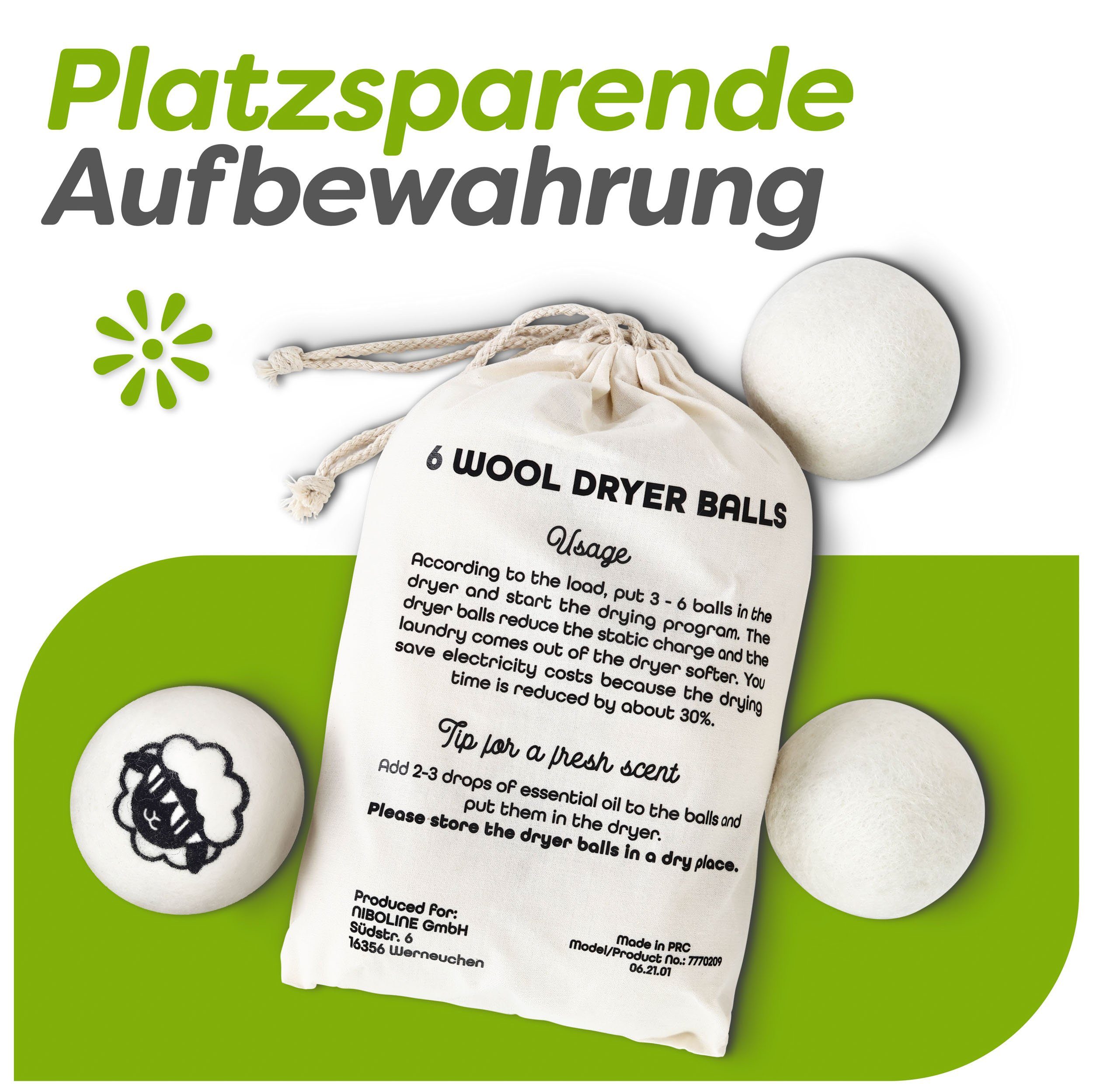 Praknu Trocknerball Trocknerbälle für Wäschetrockner 6er Set (Set, 6-St., 6 Bälle inkl. Jute Beutel für platzsparende Aufbewahrung), Öko Schafwolle aus Neuseeland - Verkürzt Trocknungszeit - Energiesparend