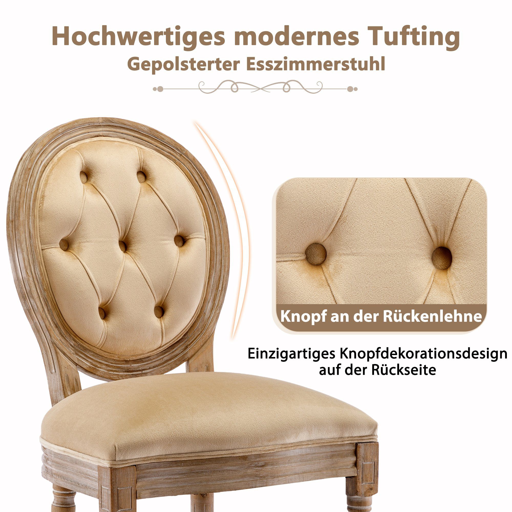 Ulife Polsterstuhl Esszimmerstühle aus Leinen,Knopfdesign Medaillon Stuhl (2 St), mit runden Rückenlehnen und Beinen aus Gummiholz