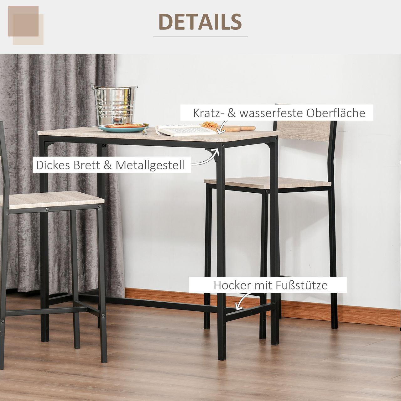 HOMCOM Bartisch Set 3-teilig, Esstisch mit 2 Barhocker, Küchentresen mit Barstühlen, Essgruppe, Sitzgruppe für Küche, Esszimmer und Bistro, Metallgestell, MDF, Natur  Schwarz, 89 x 45 x 87 cm