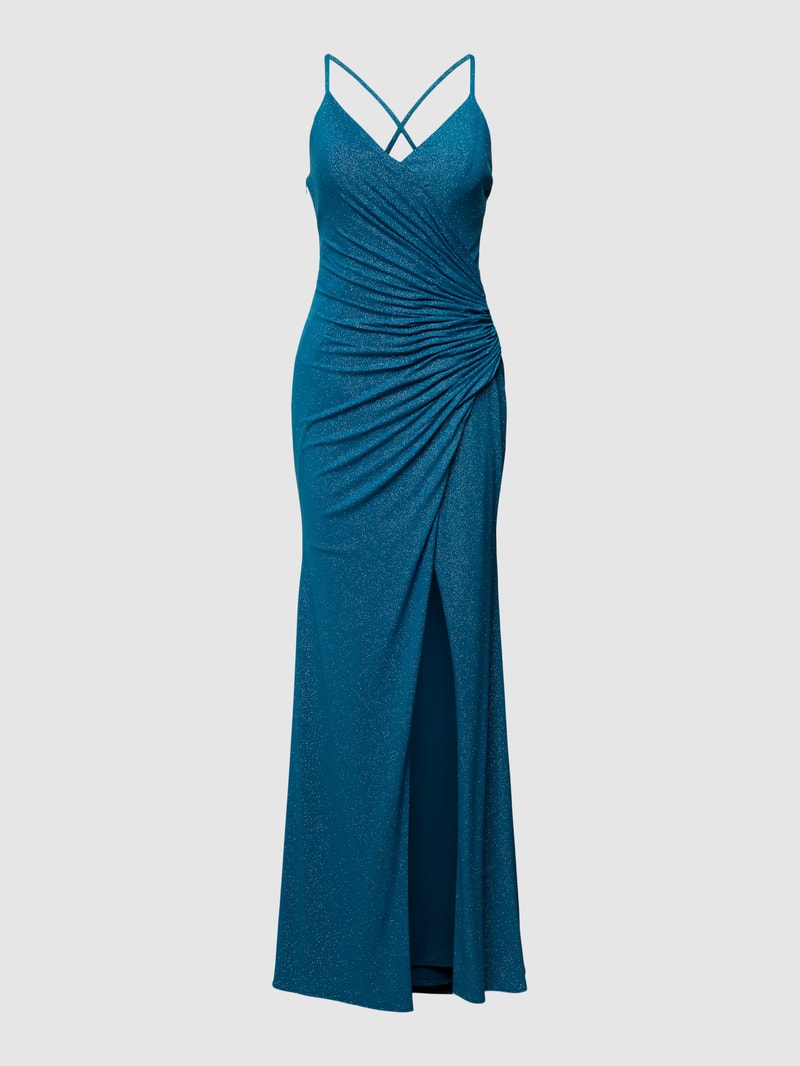 Abendkleid mit gelegten Falten in petrol