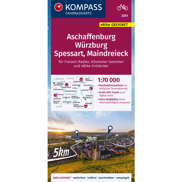 KOMPASS FAHRRADKARTE 3351 ASCHAFFENBURG, WÜRZBURG, SPESSART
