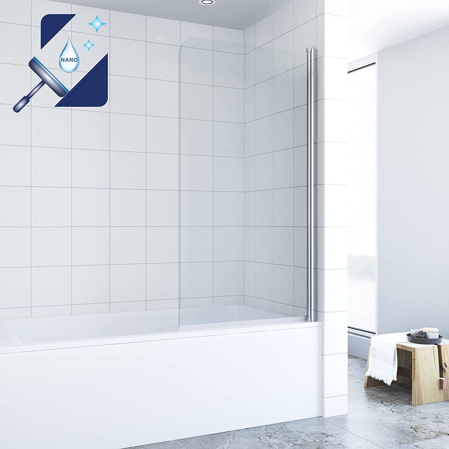 AQUALAVOS Badewannenaufsatz Badewannenaufsatz 1-teilig Nano Glas 80x140 cm Duschwand für Badewanne, Einscheiben-Sicherheitsglas (ESG) 5 mm mit Nanobeschichtung, Spritzschutz im Bad, mit Verstellbereich, Rechts- und Links Montage
