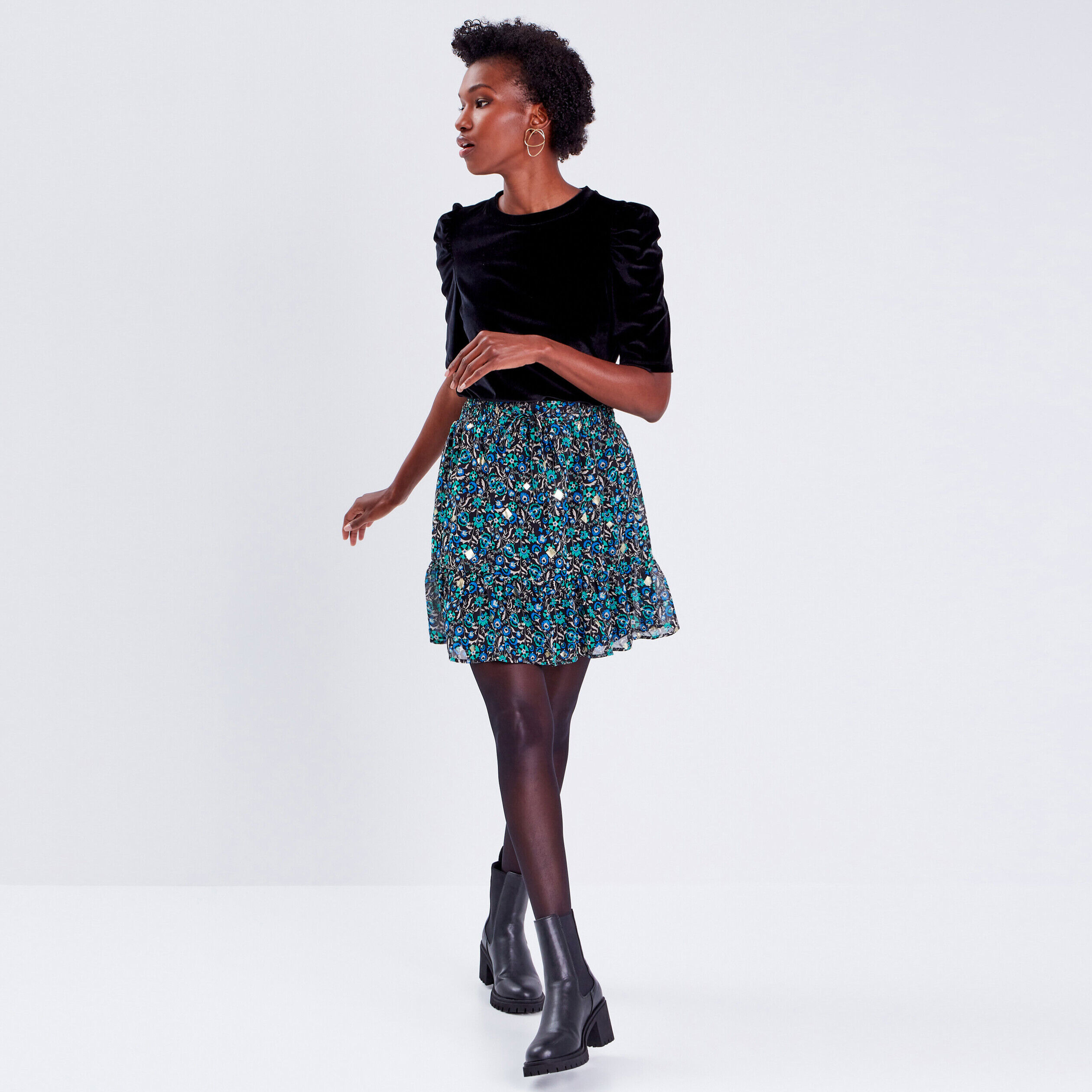T-shirt manches 3/4 velours noir femme | Cache Cache