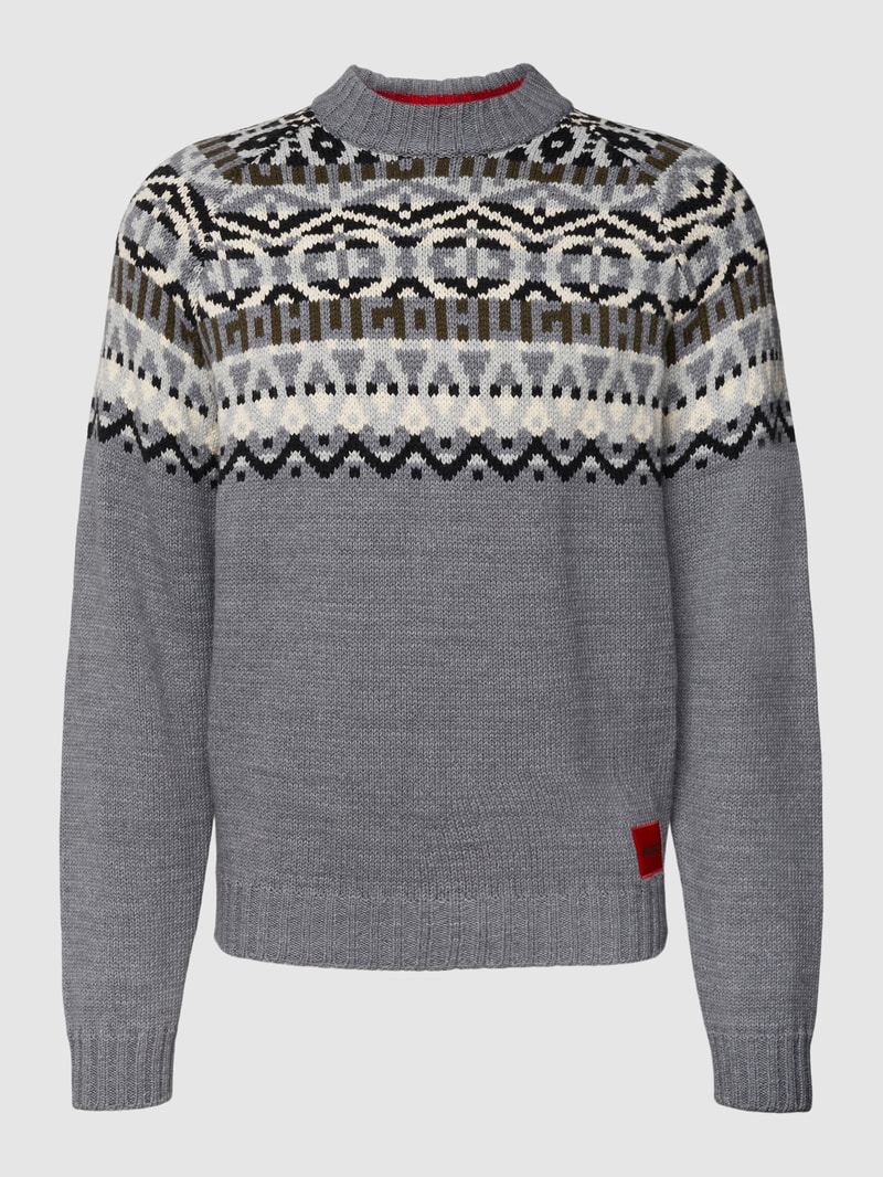 Strickpullover mit Label-Patch in mittelgrau meliert