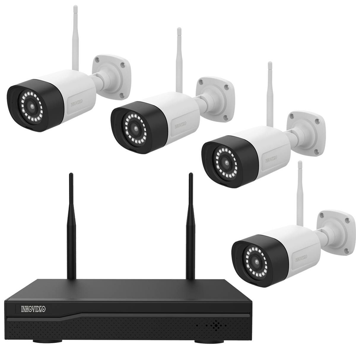 INKOVIDEO INKO-24M WLAN Komplettset mit 4-Kanal Netzwerkrekorder und 4x 3 MP Überwachungskamera (5-tlg., Videorekorder mit HDMI-Ausgang, Plug and play, P2P, H.265 / H.265+ Komprimierung, Nachtsicht)