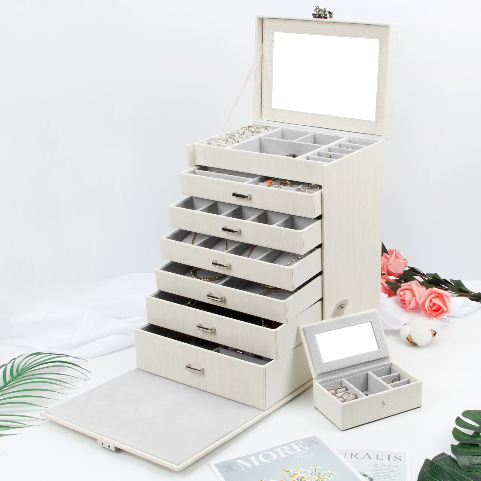 Yorbay Schmuckkasten Schmuckkoffer komplett abschließbar Schmuckkasten (Mit herausnehmbarer Reise-Box, Mit 7 Ebenen, Mit Spiegel), Schmuckkästchen für Halsketten/Uhren/Ringe/Armbänder/Ohrringe/Brille