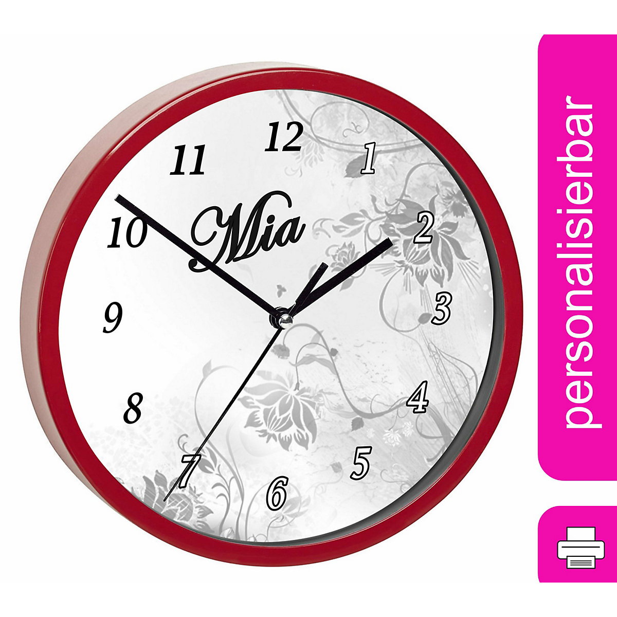 Kinder Wanduhr personalisiert mit Name Blumenranke Grau