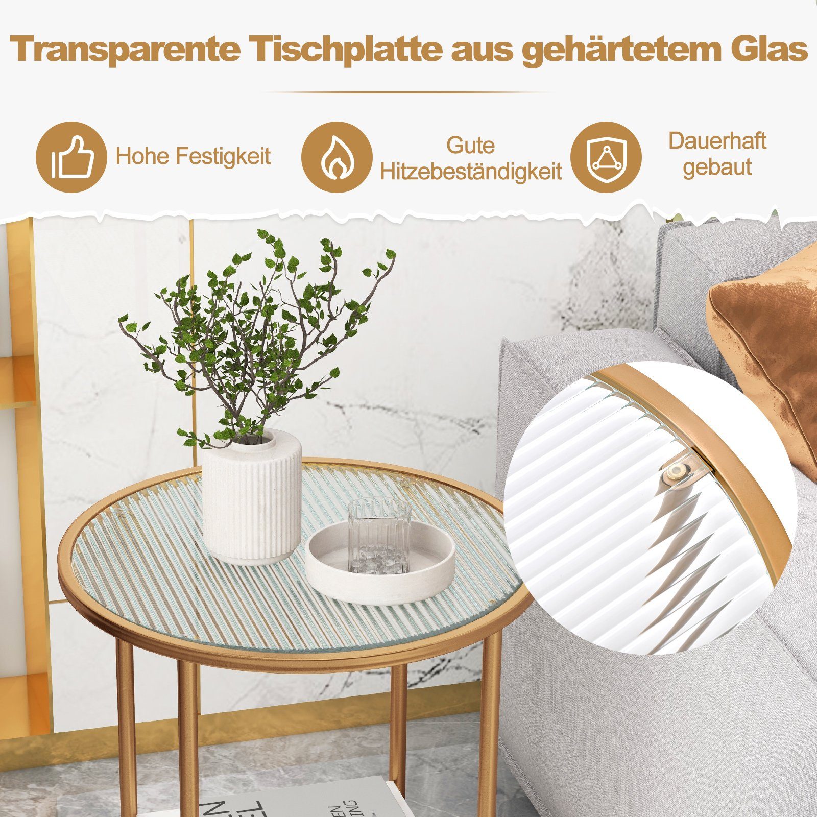 COSTWAY Beistelltisch, rund, mit gehärtetem Glas & Ablage aus Marmor, gold