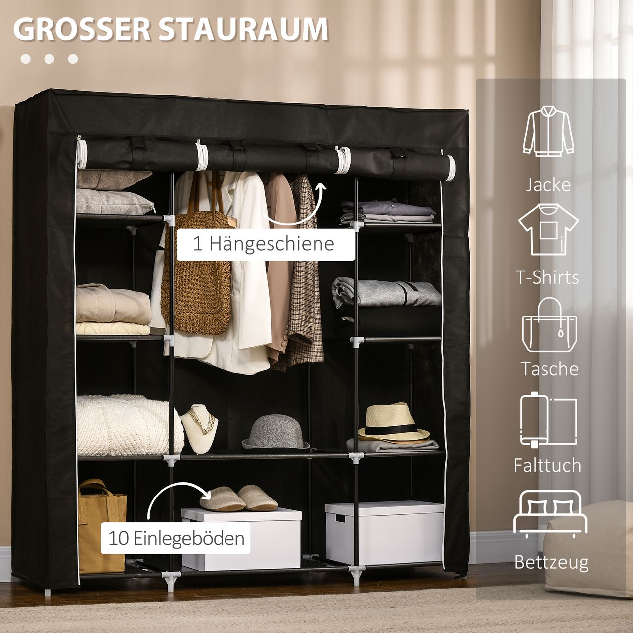 HOMCOM Stoffschrank, Kleiderschrank, Faltschrank mit Reißverschluss, Schwarz