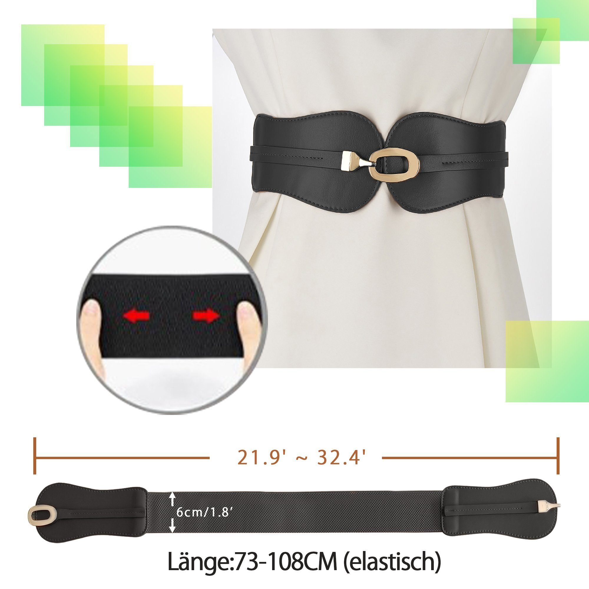 KUGI Taillengürtel Taillengürtel Elastischer Damengürtel-Metallschnalle-elastischer (für alle Gelegenheiten Kombinierbar mit allen Kleidern,Blusen, Longtops, Shirts, Jumpsuites etc, Doppelte Schicht Rindsleder Geeignet für Taillenumfang 70-80cm) Geei