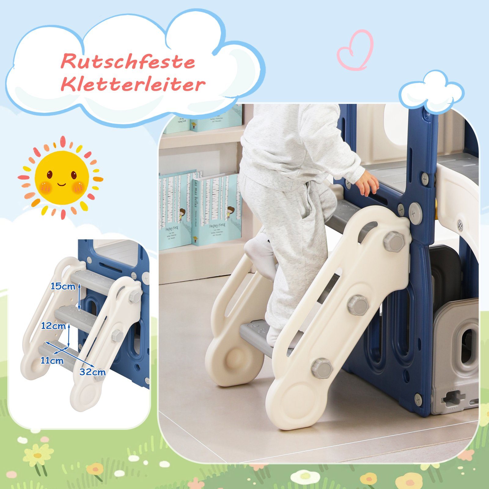 SEEZSSA Indoor-Rutsche Slide Kletterspielzeug 5 in 1 Kinderrutsche Gartenrutsche für Kinder, Klettern Stauraum Basketballrahmen Schaukel Kinder Spielplatz