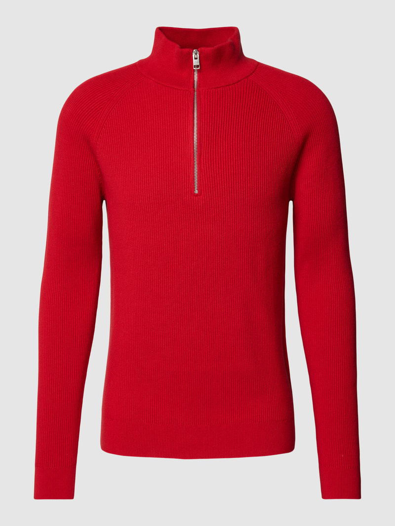 Strickpullover mit Troyer-Kragen in unifarbenem Design in rot