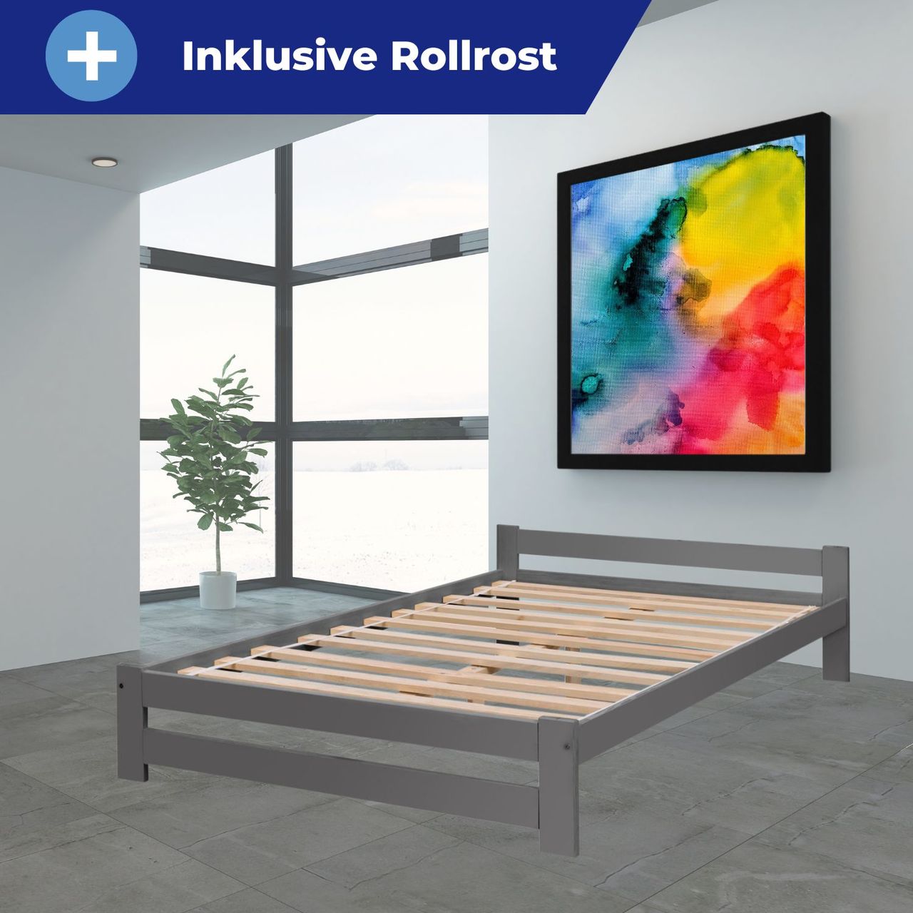 Coemo Bett Classico Holzbett Bettgestell mit Lattenrost Massivholz Kiefer 160 x 200 cm anthrazit