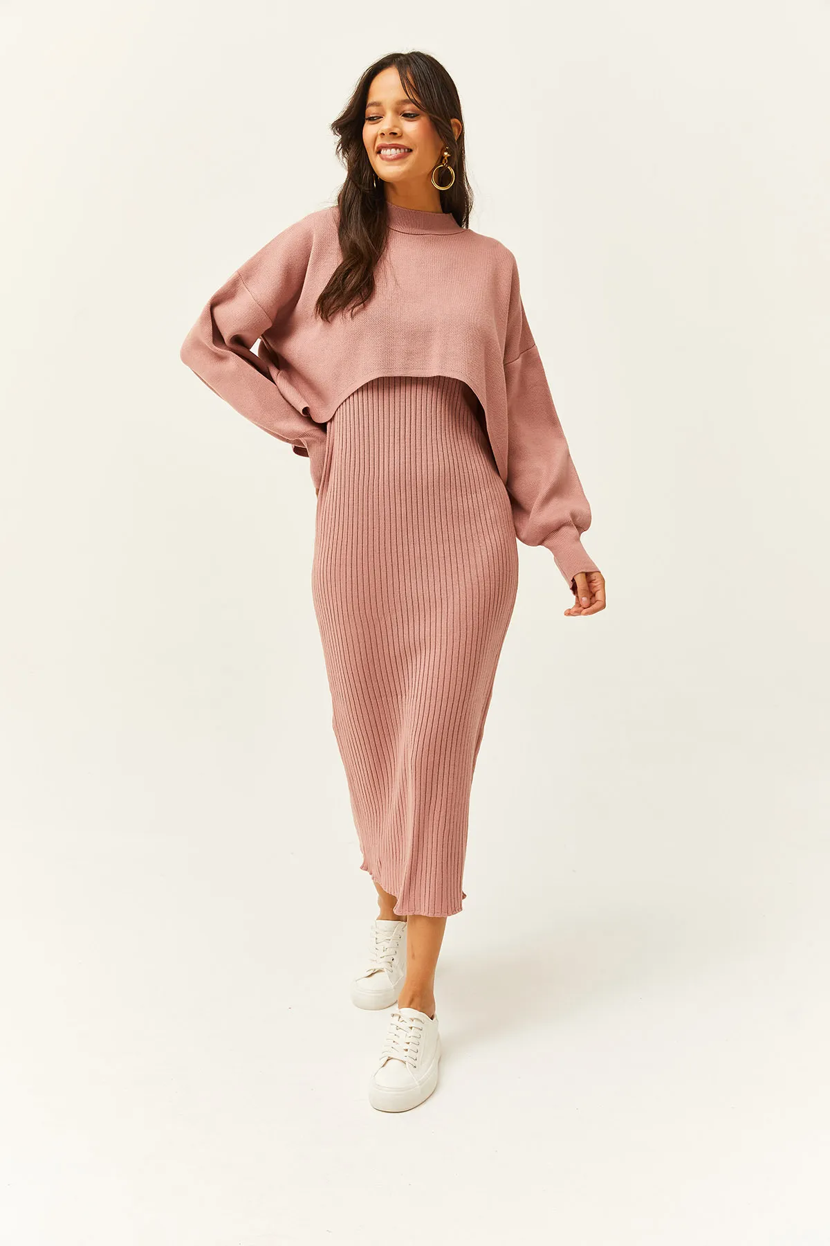 Olalook  Damen Dusty Rose Top Crop Sweater Bottom Strap Dress Strickanzug TKM-19000176