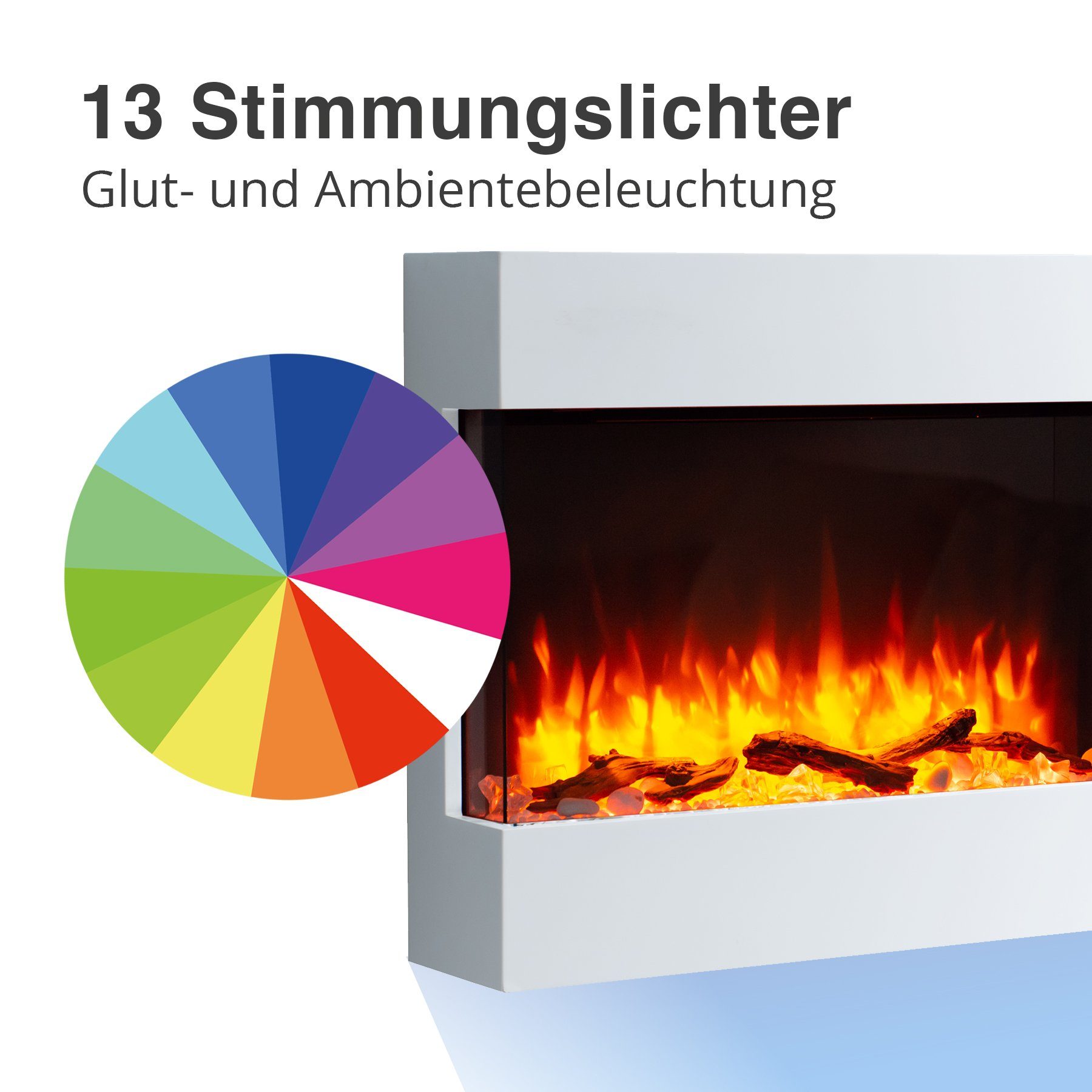 RICHEN Elektrokamin Alva, Wandkamin mit Heizung 2000W, 3D-Flammeneffekt, LED-Beleuchtung, Fernbedienung, Timer, Thermostat