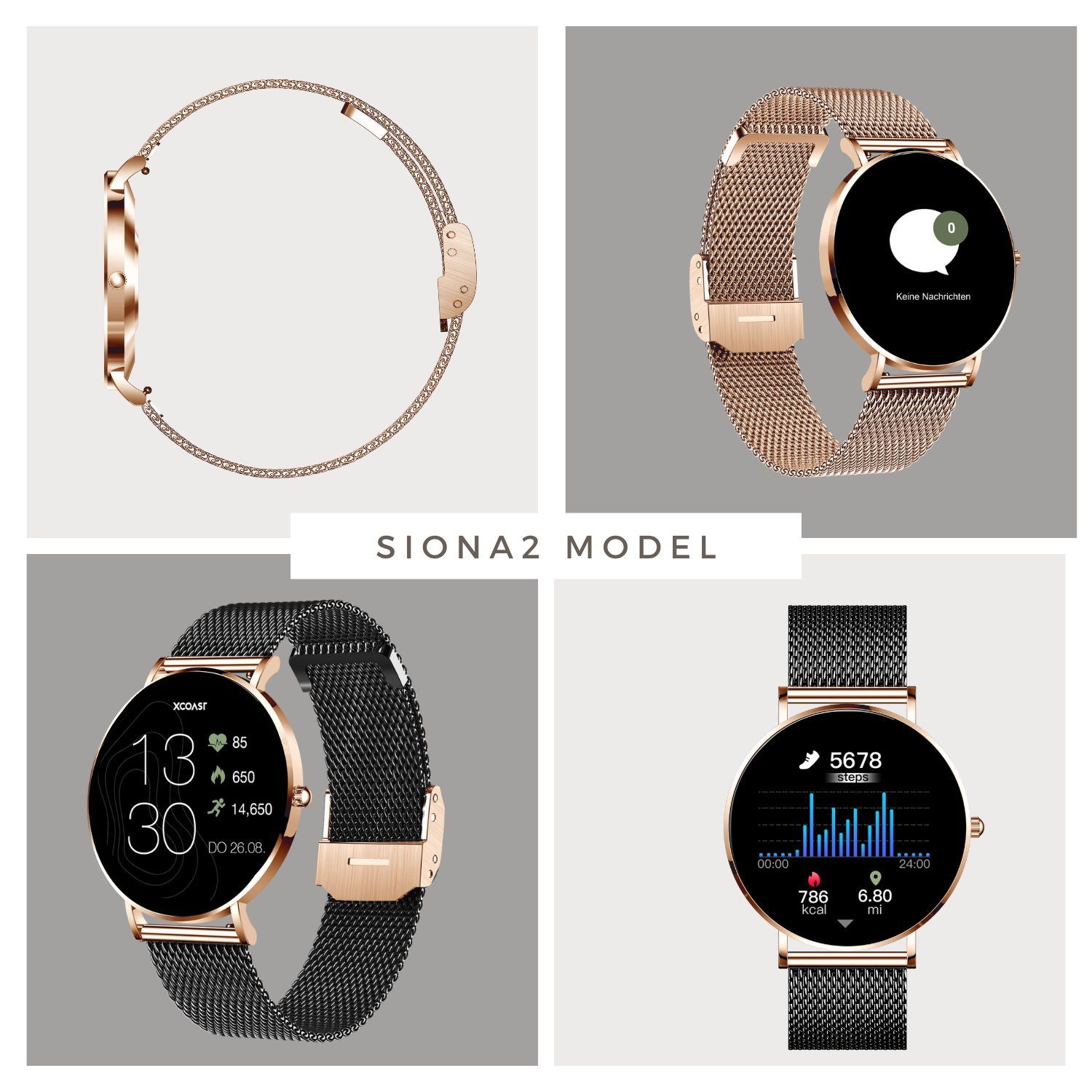 XCOAST SIONA 2 Damen Smartwatch (4,2 cm/1,3 Zoll, iOS und Android) Kostenloses Zusatzarmband enthalten / Gehäuse Rosegold (hell), 4-tlg., - 2in1 PROMOPACK (enthält 2 Mesh Armbänder: Schwarz und Rosegold) -, Wasserdicht/Flach/Puls/Blutdruck/Blutsauers