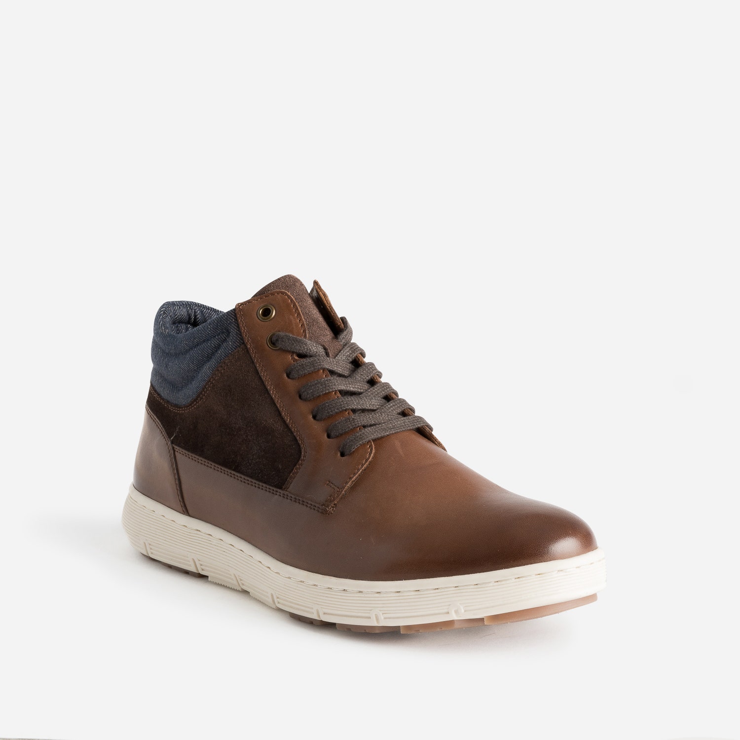 Basket cognac en cuir et textile marine