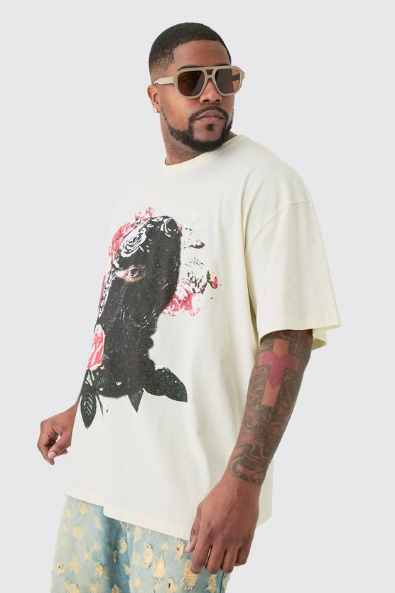 Plus Oversize T-Shirt mit floralem Balaclava-Print
