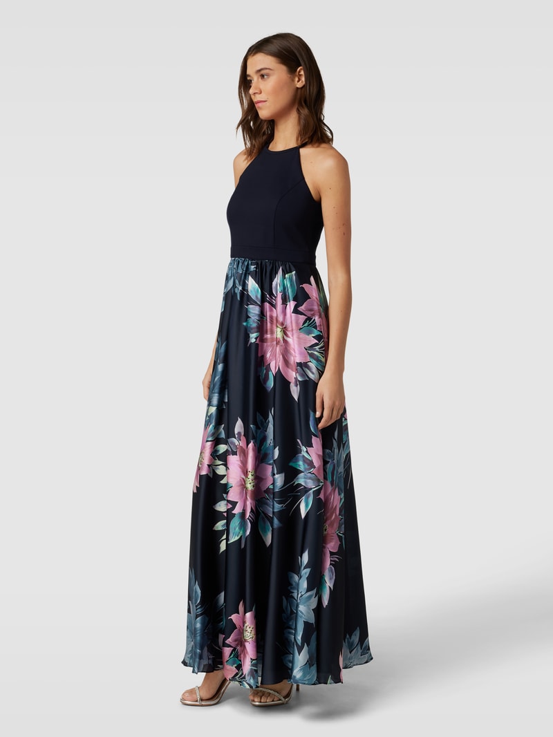 Abendkleid mit floralem Muster in marineblau meliert