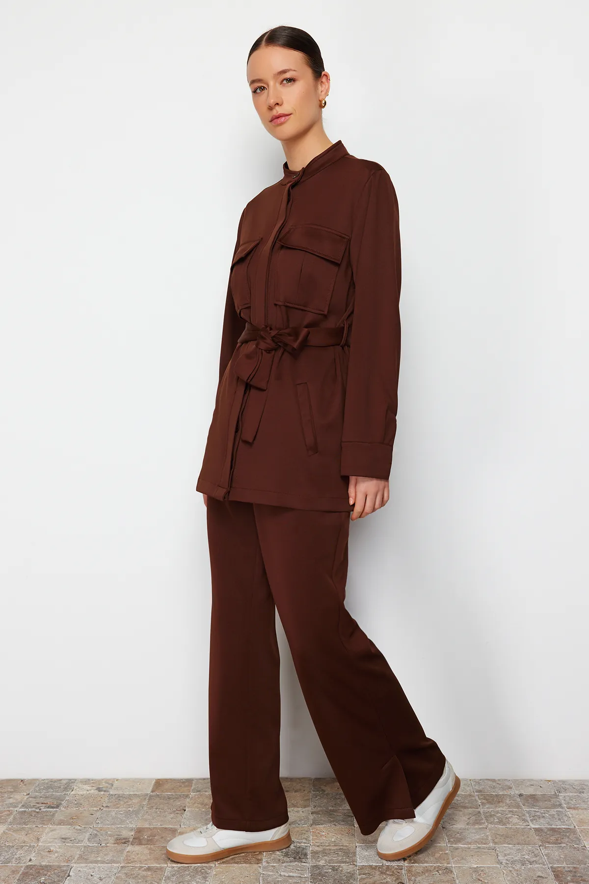 Trendyol Modest  Hellbrauner Taucher-/Tauchanzug mit Gürteltasche und gestricktem Unterteil und Oberteil TCTSS24US00043
