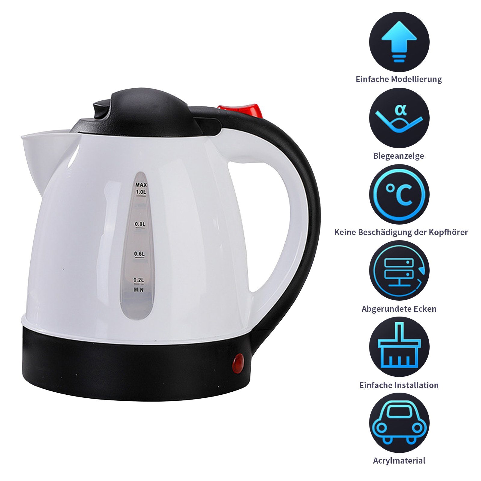 TWSOUL Wasserkessel 12V 150W Weißes Auto Tragbares Auto Ausschalten Wasserkocher1 Liter, Rostfreier Stahl, Auto-Wasserkocher