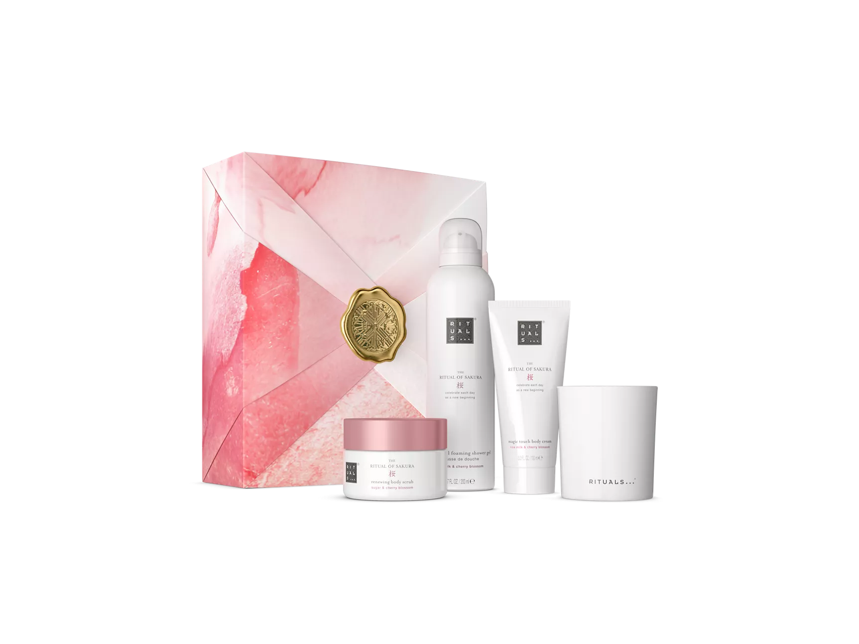 Coffret cadeau Le Rituel de Sakura M : gel douche moussant 200 ml, crème pour le corps 100 ml, gommage corporel 125 g, bougie 140 g