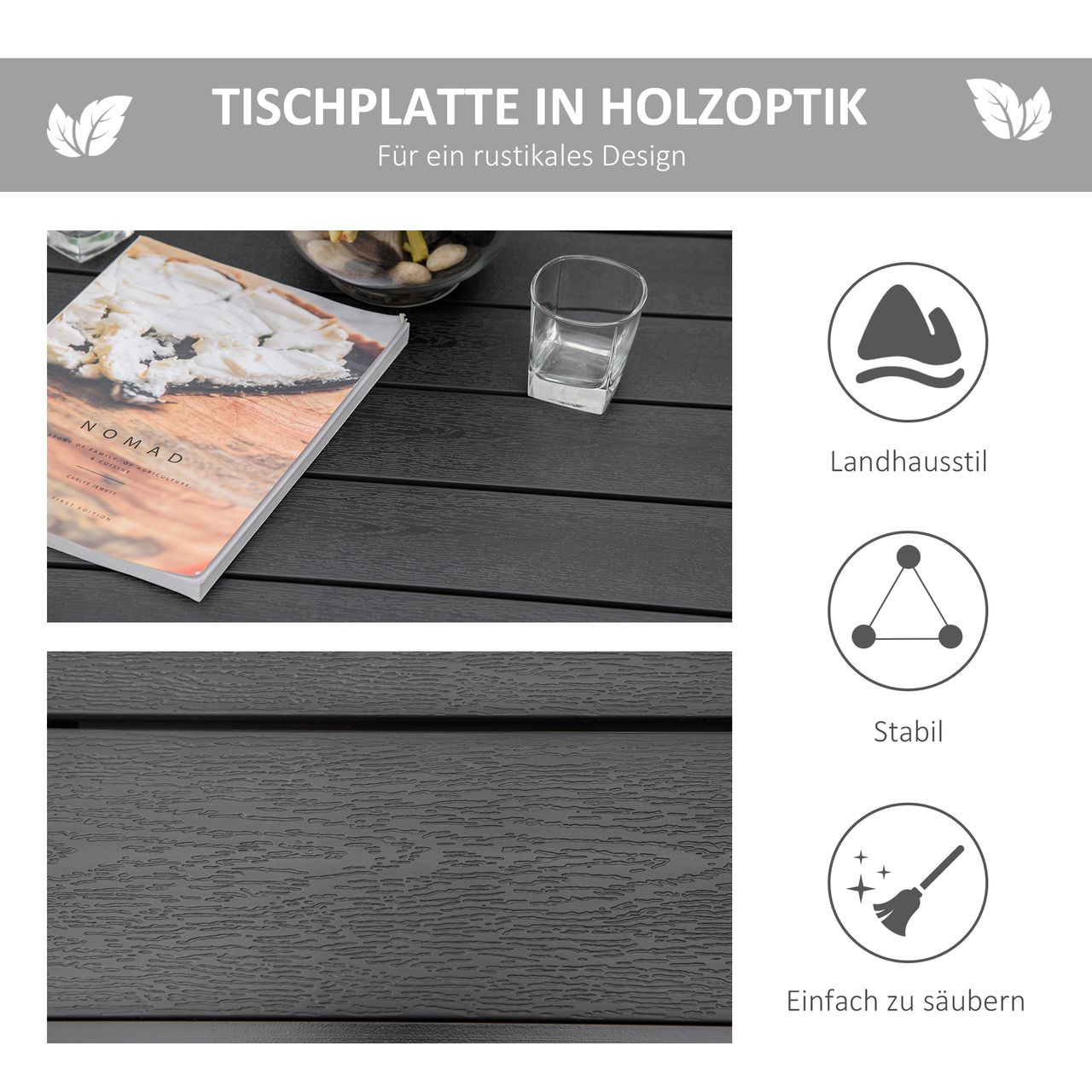Outsunny Gartentisch für 4 Personen Esstisch Aluminiumtisch Gartenmöbel Loungemöbel pflegeleicht Kunststoff Schwarz 140 x 90 x 74 cm