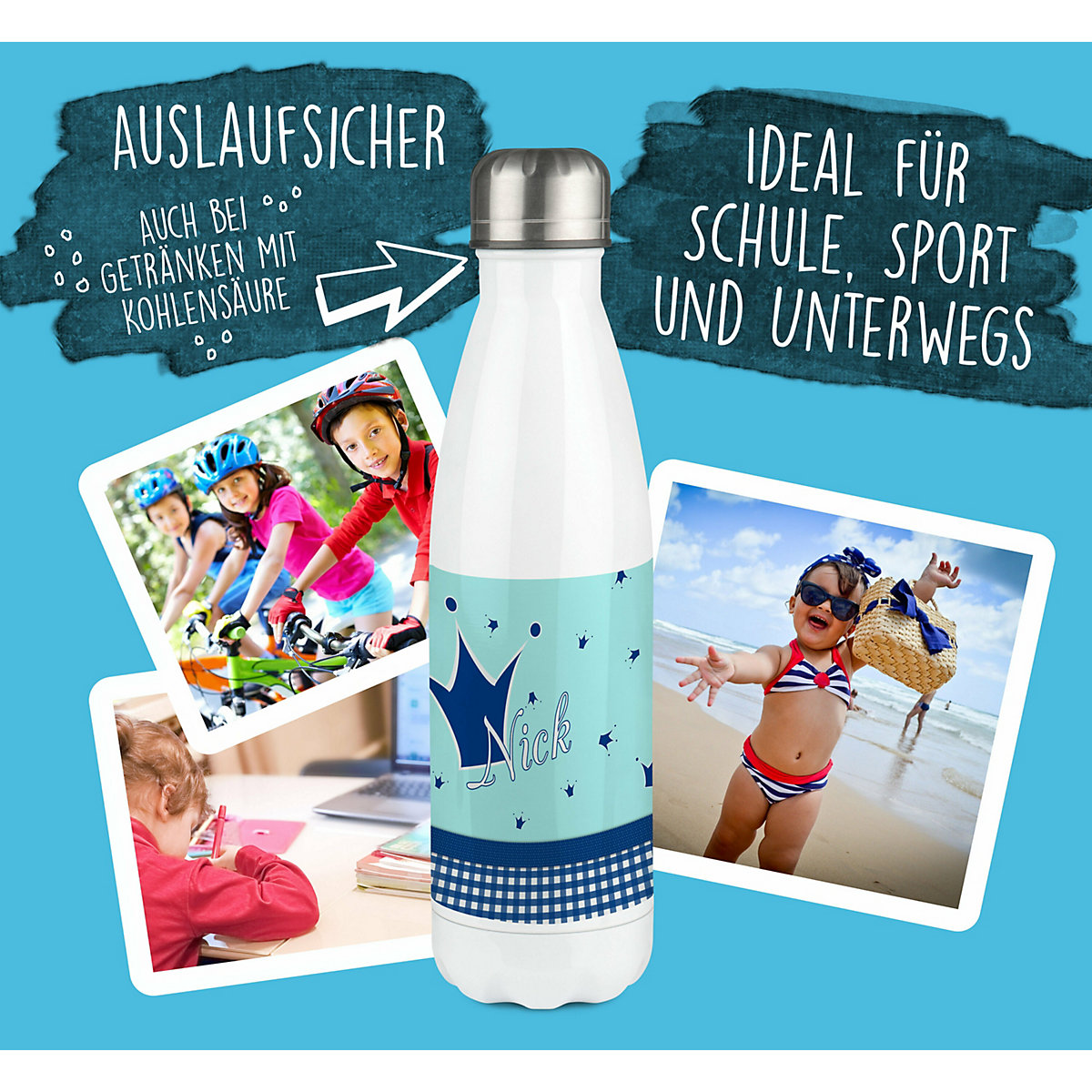 Edelstahl Kinder Thermoflasche / Trinkflasche bunt Krone Farbe hellblau blau Spülmaschinenfest, Auslaufsicher, Bruchfest, Doppelwandig, Für Heißgetränke geeignet, Mit Deckel, Isoliert