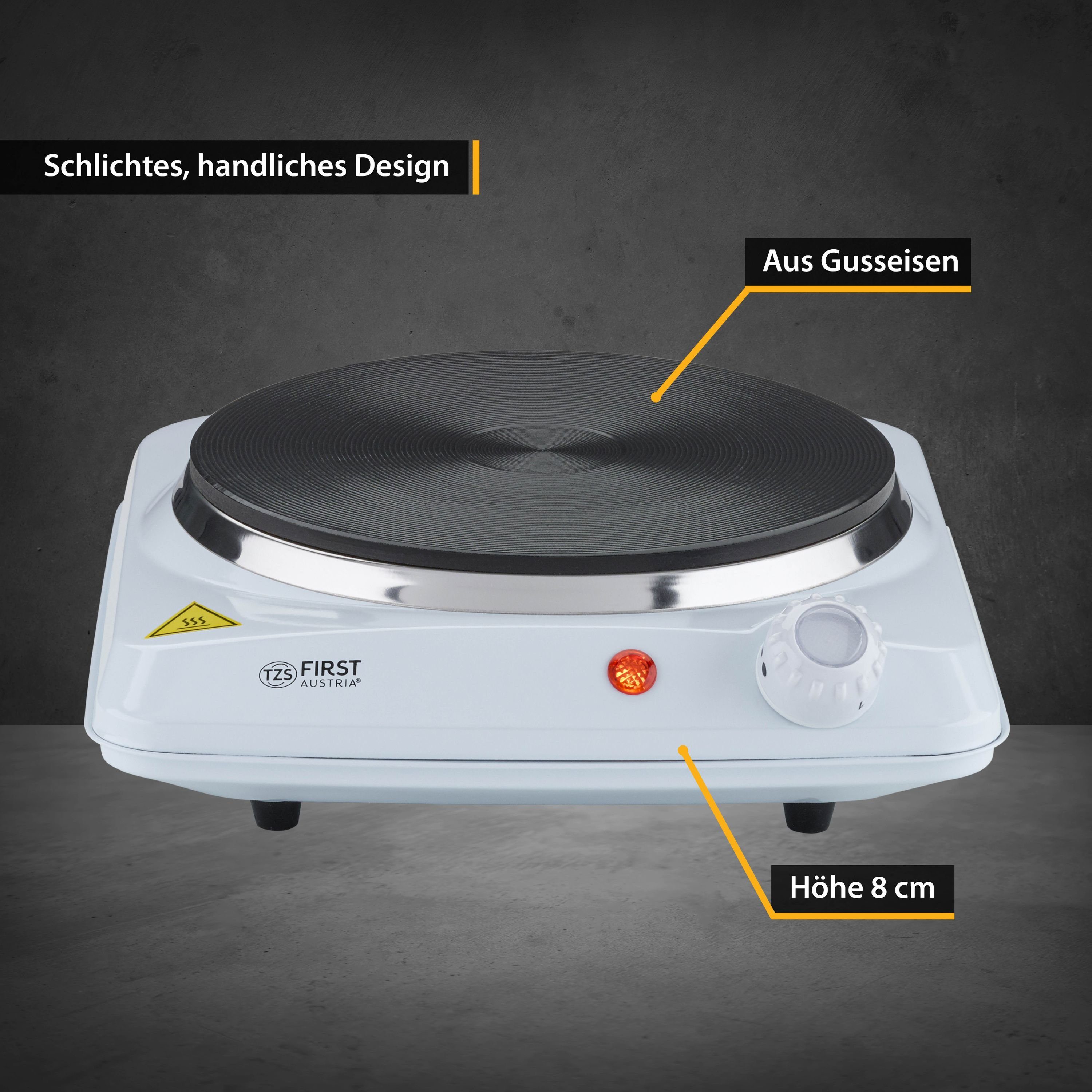 TZS FIRST AUSTRIA Doppelkochplatte Einzelkochplatte 1500W, Gusseisen, Kochplatte Weiß, Herdplatte Camping, Thermostat mit 5 Temperaturstufen