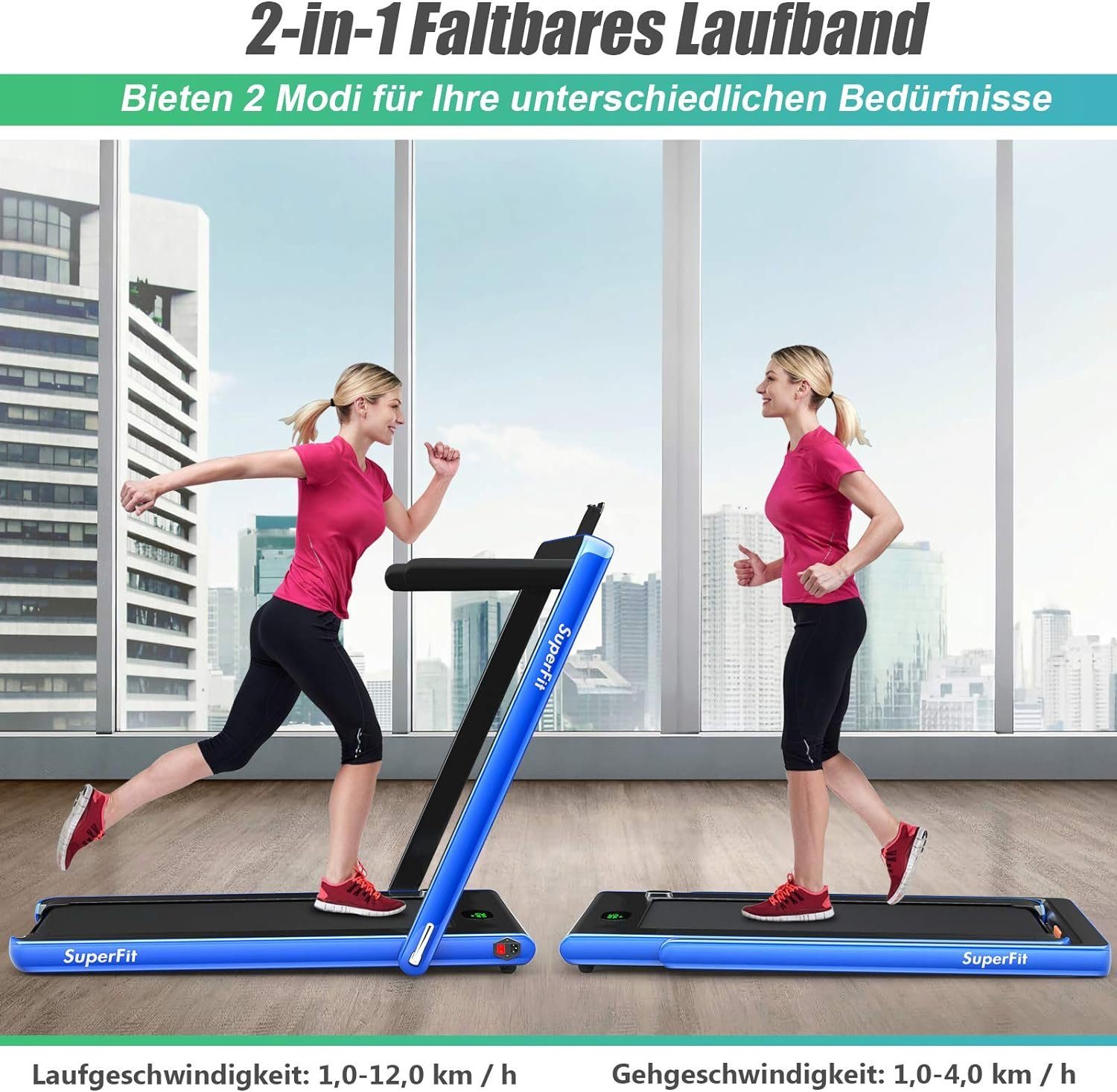 COSTWAY Laufband (2 in 1 Laufband klappbar 2,25HP, Walking Pad unter dem Schreibtisch), mit APP, Bluetooth und Fernbedienung, 1-12 km/h, Laufband für Zuhause