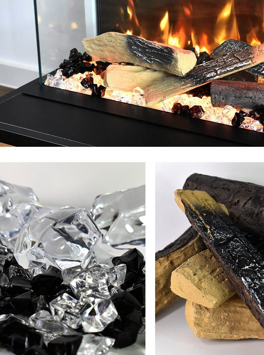 GLOW FIRE Elektrokamin Einstein rechts E-Motion 3D LED, täuschend echte Flamme mit Heizung, Kristall- und Holz Dekoration
