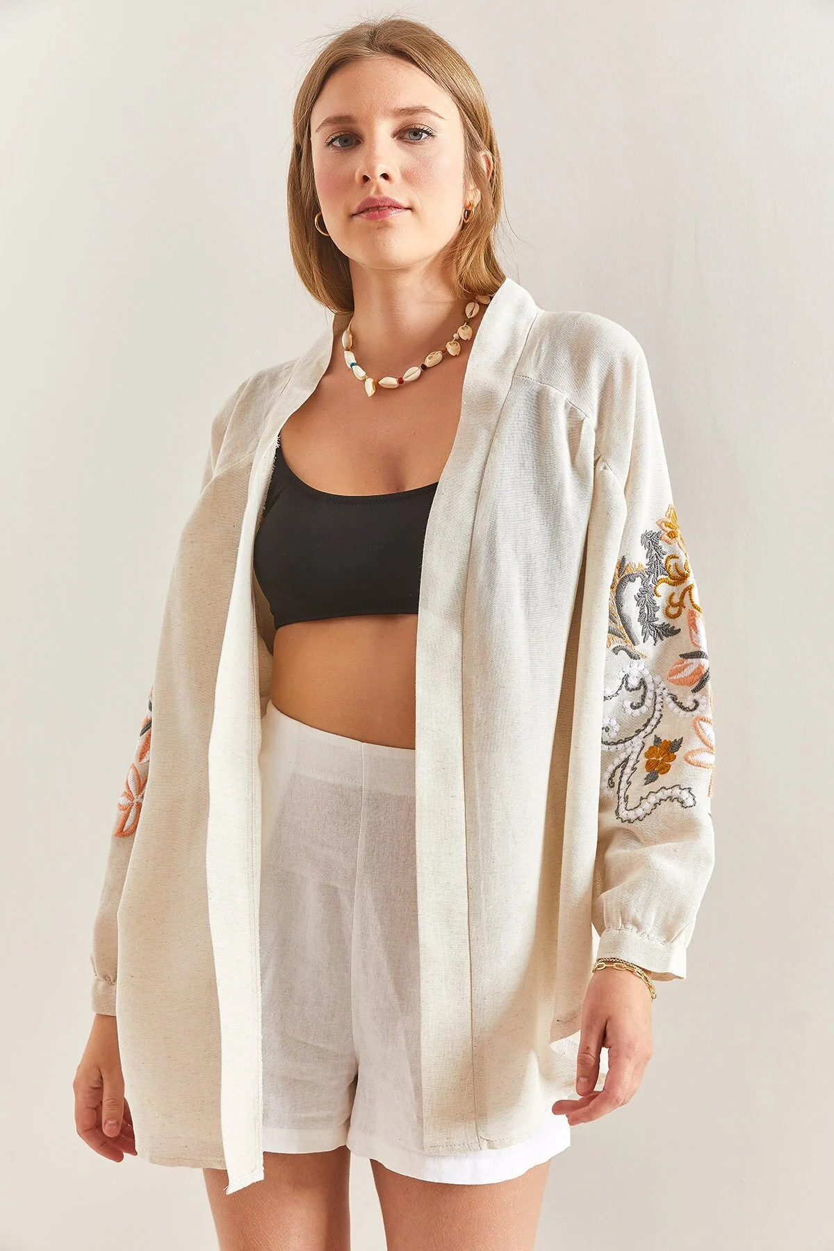 Bianco Lucci  Damen-Kimono aus besticktem Leinen
