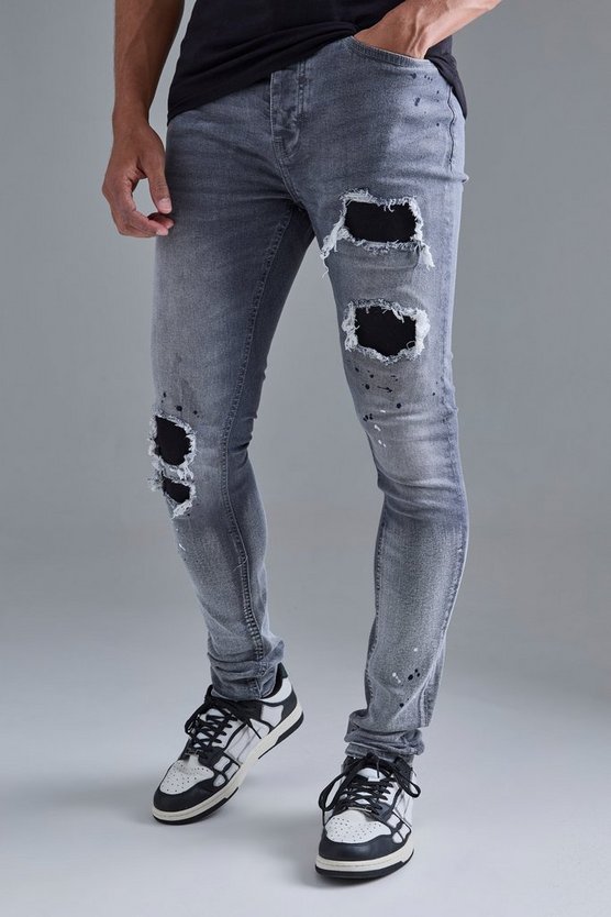 Super Skinny Stretch Jeans in Mittelgrau mit Rissen