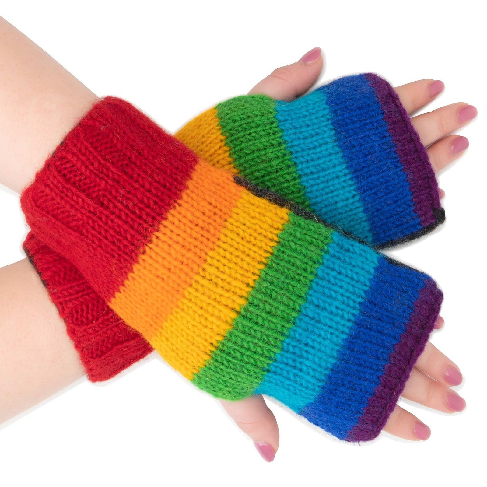 KUNST UND MAGIE Armstulpen Bunte Armstulpen Hand-/Pulswärmer Handschuhe Wolle Strick Regenbogen