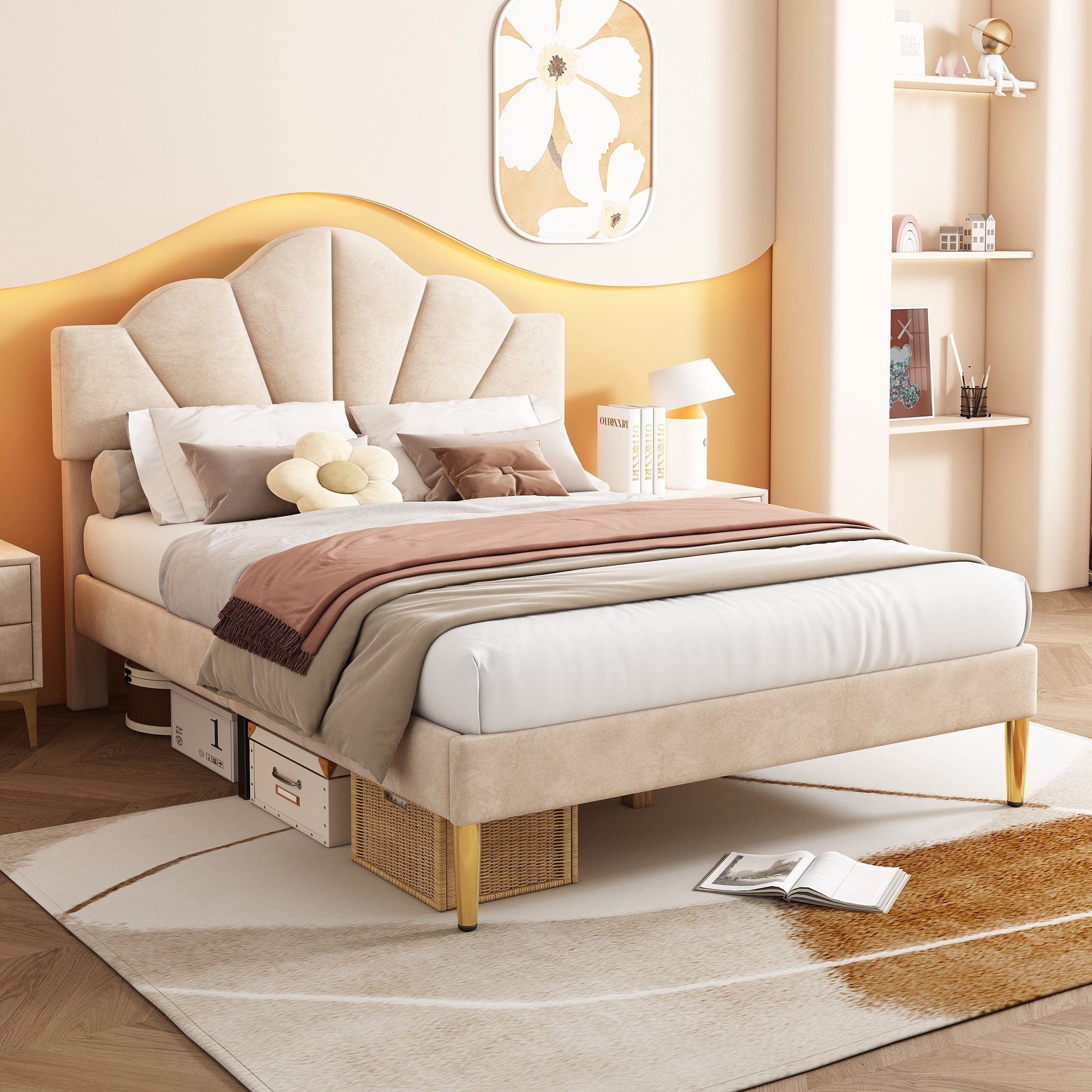 OKWISH Polsterbett muschelartiges Bett (140 X 200 CM Ohne Matratze), Höhenverstellbares Kopfteil,Bett mit goldenen Eisenbeinen