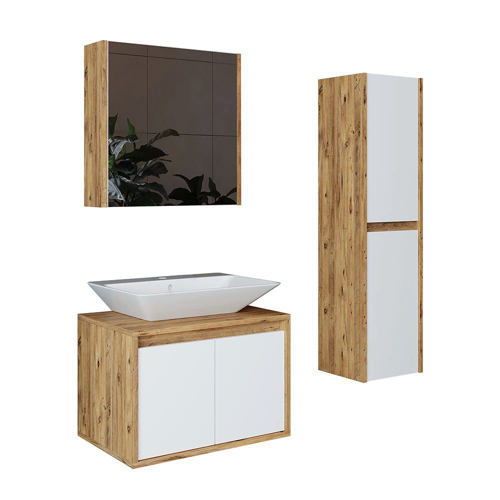 Roomart Badmöbel-Set, (Badmöbel Set 65cm Unterschrank Waschbecken Spiegelscrank Hochschrank)