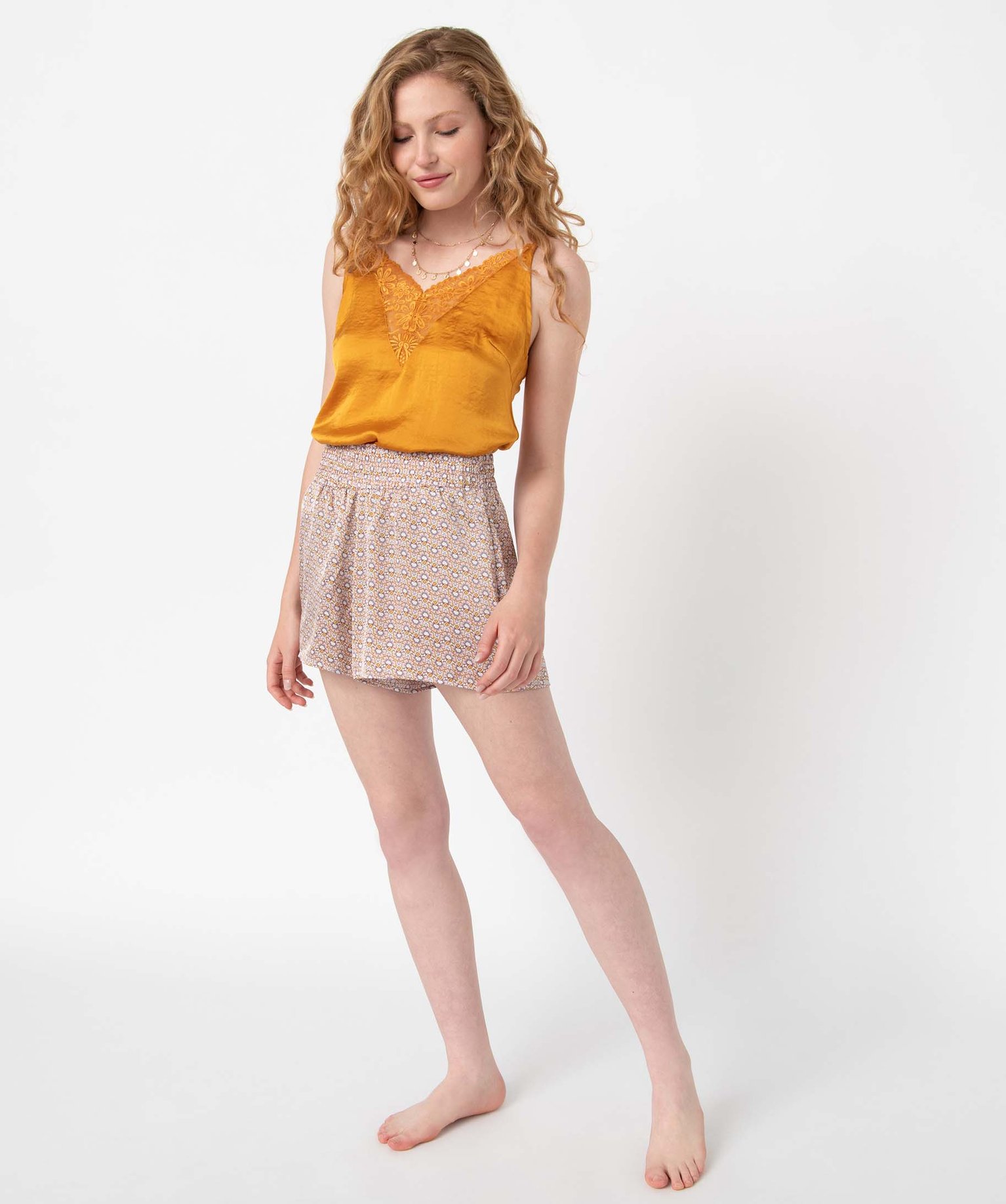 Débardeur lingerie femme avec col en dentelle jaune | GEMO