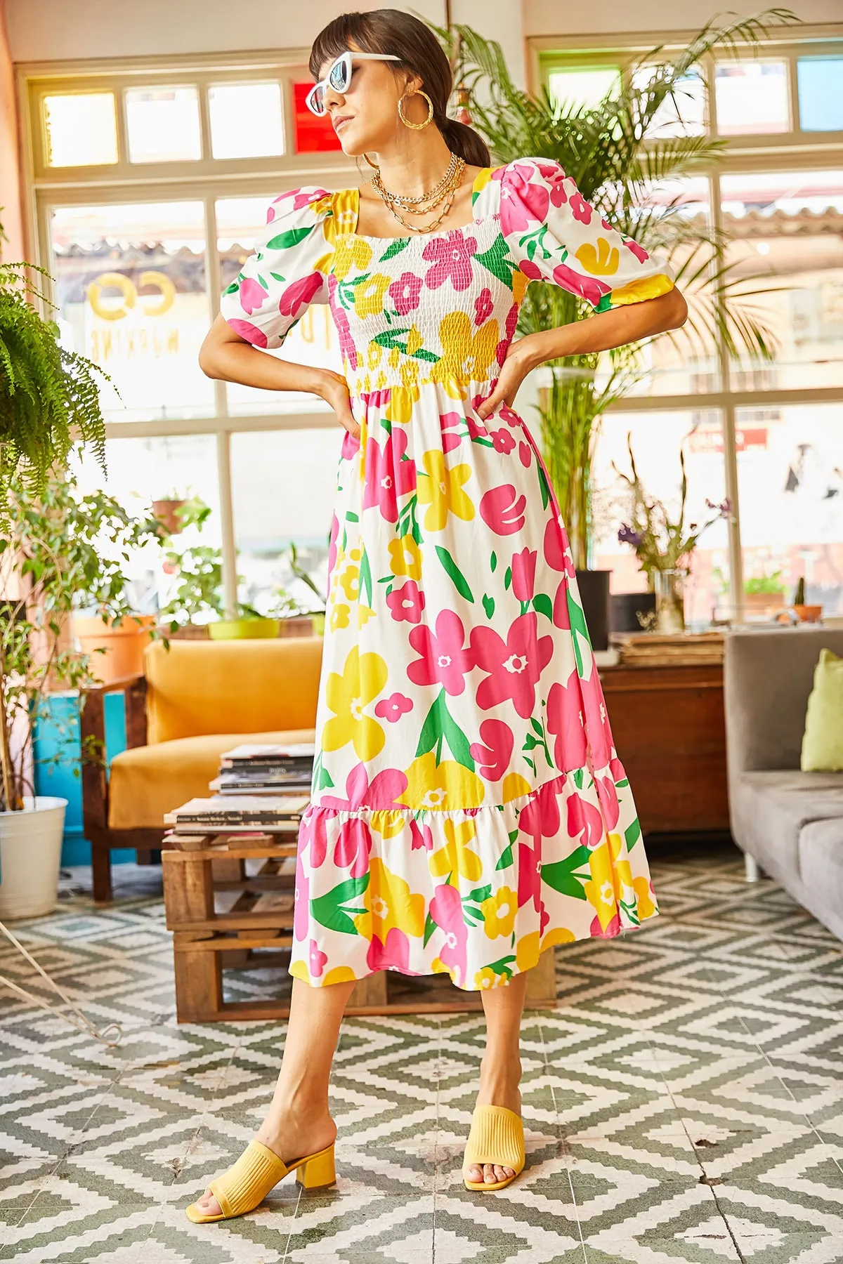 Olalook  Ecru Pink Gimped Lässiges Kleid aus gewebter Viskose für Damen ELB-19001483